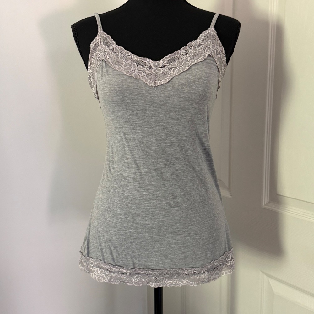 Y2K Tank Top Womens Small Gray Lace Trim Coquette Soft Girl‎ Minimalist Basic